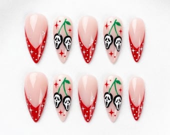 Ghostface cherry red french tip press on nails, spooky cute medium almond Halloween fake manicure