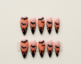 Halloween Press On Nails, Bat Nail Design, Orange Drip Gothic Nail Set
