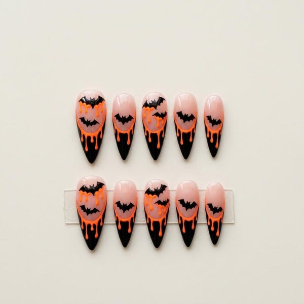 Halloween Press On Nails, Bat Nail Design, Orange Drip Gothic Nail Set