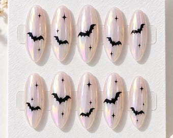 Halloween Press On Nails, Iridescent Bat Almond Nails, Pearl Chrome Spooky Nail Set