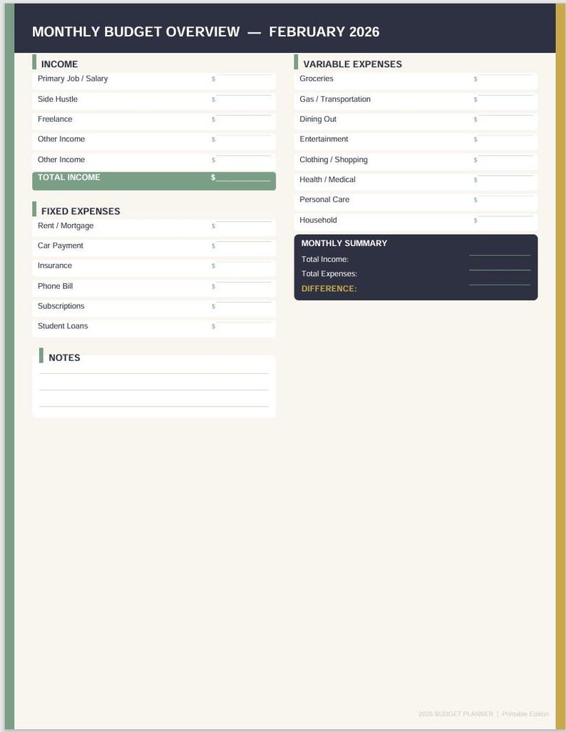 2026 Budget Planner Printable PDF | Monthly Budget Tracker | Debt