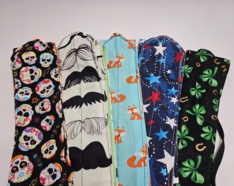 Muñequeras de levantamiento de pesas hechas a mano con lazos / Estampados de calaveras, zorros, motivos patrióticos, bigotes y tréboles