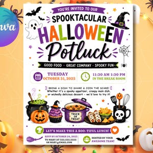 Peut inclure: Un flyer d'invitation pour un repas de Halloween avec du texte violet, orange et vert indiquant SPOOKTACULAR HALLOWEEN POTLUCK. Les illustrations incluent un chaudron noir, une citrouille, un pot violet, des hot-dogs momies et un mug tête de mort.