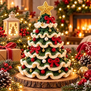 May include: A crocheted Christmas tree decoration featuring tiered green and white ruffled layers, adorned with small red bows, red and white spheres, and gold ornaments, topped with a yellow crocheted star on a wooden base.