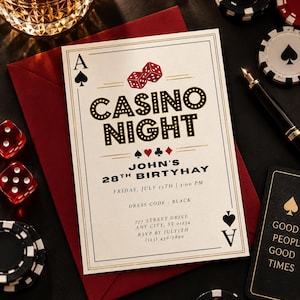 May include: A cream-colored rectangular invitation card with black and red text reading CASINO NIGHT, JOHN'S 28TH BIRTYHAY, FRIDAY, JULY 13TH | 3:00 PM, DRESS CODE - BLACK, 777 STREET DRIVE, ANY CITY, ST 01234, RSVP BY JULY 5TH, (123) 456-7890.