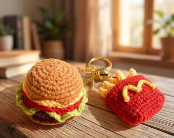 Crocheted Burger and Fries Keychain, Amigurumi Fast Food Bag Charm, Backpack Accessory, Foodie Gift