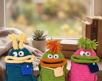 Hand Crocheted Monster Bag: Quirky Character Crossbody Purse, Colorful Acrylic Yarn Handbag