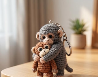 Handmade Hugging Monkey Keychain, Cute Amigurumi Animal, Best Friend Gift Idea, Couple Keyring, Kawaii Bag Accessory, Unique Birthday Gift