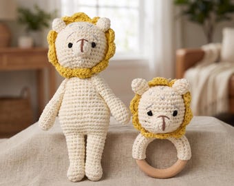 Handmade Crochet Lion & Baby Rattle Set, Amigurumi Lion Toy, Safari Nursery Decor, Baby Shower Gift, Neutral Nursery Toy