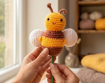 Handmade Crochet Bee Plant Stake, Amigurumi Bee Decor, Plant Pot Decoration, Cute Bee Gift, Cottagecore Home Decor
