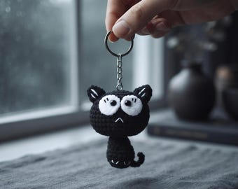 Handgjord svart katt virkad nyckelring, söt kattväska-berlock, kawaii kattväska-berlock, ryggsäckstillbehör, kattälskare-present till henne