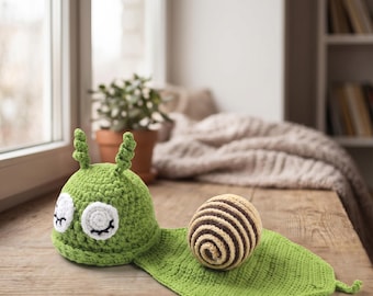 Handmade Crochet Snail Toy: Whimsical Amigurumi Newborn Photography Prop, Nursery Decor