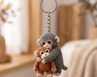 Handmade Hugging Monkey Keychain, Cute Amigurumi Animal, Best Friend Gift Idea, Couple Keyring, Kawaii Bag Accessory, Unique Birthday Gift