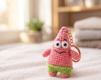 Crocheted Patrick Star Keychain Amigurumi Bag Charm, Cartoon Ocean Character Plush Keyring