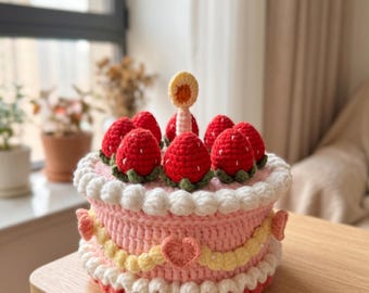 Crochet Birthday Cake with Strawberries and Candle, Amigurumi Keepsake, First Birthday Gift