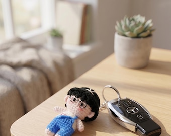 Handmade Crochet Boy Doll with Glasses, Amigurumi Keychain, Custom Bag Charm, Cute Desk Buddy, Personalized Gift, Crochet Plushie