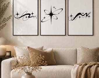 Abstract Black White Wall Art Set | Minimalist Celestial Prints (Digital Download)
