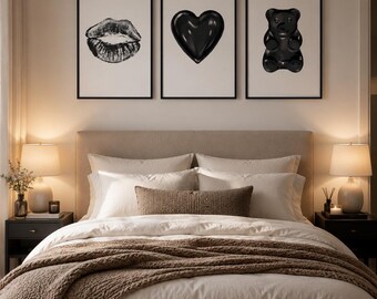 Set of 3 Black & White Prints | Lipstick Kiss, Heart, Gummy Bear (Digital Download)