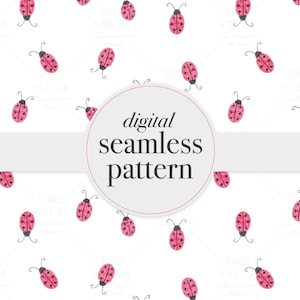 Könnte beinhalten: Ein digitales nahtloses Muster mit einem sich wiederholenden Motiv aus rosa Marienkäfern mit schwarzen Punkten und Fühlern auf weißem Hintergrund. Ein zentrales kreisförmiges Overlay enthält den Text digital seamless pattern in dunkelgrauer Serifenschrift.