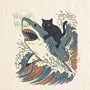May include: A graphic illustration featuring a black cat riding a grey shark with its mouth open, emerging from stylized blue and orange ocean waves. The text "WooF WooF" is visible in the upper left corner of the artwork on a textured background.