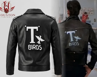 Grease T-Birds Black Leather Biker Jacket, Danny Zuko 50s Greaser Costume Outerwear