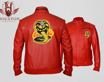The Karate Kid Cobra Kai Dojo Johnny Lawrence All Valley Tournament Red Leather Jacket, Retro Martial Arts Sensei Cosplay Costume Outerwear