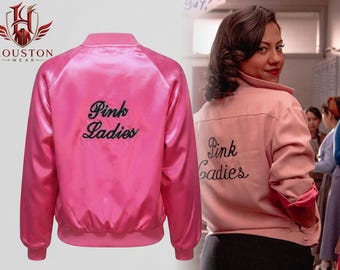 Grease 2 Musical Movie Rydell High Pink Ladies Michelle Pfeiffer Satin Bomber Jacket, Retro Cool Rider Cosplay Costume Outerwear