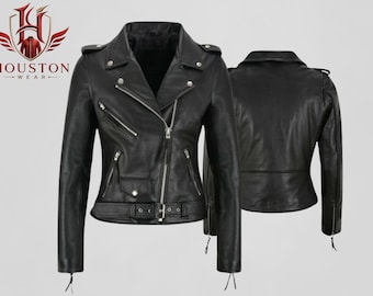 Women's Classic Brando Slim Fit Black Real Leather Motorcycle Asymmetrical Biker Jacket, Premium Vintage Streetwear Everyday Wardrobe