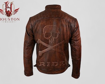 Mens Vintage Skull Ride Skeleton Quilted Distressed Brown Real Leather Motorcycle Jacket, Edgy Dark Aesthetic Halloween Rider Costume