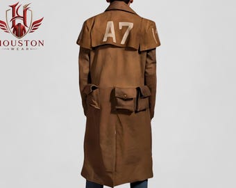 Fallout New Vegas NCR A7 Veteran Ranger Brown Suede Leather Duster Mojave Wasteland Armor Coat, Post-Apocalyptic Gamer Cosplay Costume