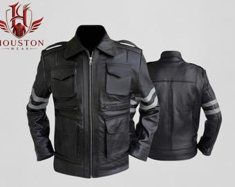 RE6 Zombie Survival Horror Game Leon Kennedy Agent Black Real Leather Motorbike Jacket, apocalyptic gamer cosplay costume outfit