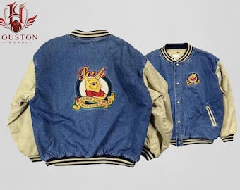 Classic Disney Winnie The Pooh Hundred Acre Wood Adventure Varsity Denim Bomber Jacket, Retro Cartoon Cosplay Costume Outerwear