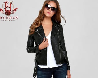 Women's Classic Slim Fit Black Real Leather Asymmetrical Motorcycle Rider Biker Jacket, Premium Everyday Casual Streetwear Fashion