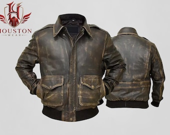 Mens Classic WWII A2 Aviator Air Force Distressed Brown Real Leather Bomber Flight Jacket, Vintage Military Pilot Everyday Winter Wear