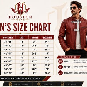以下が含まれることがあります： バーガンディ色の革製ジャケットとサイズ表。サイズ表には、XSから5XLまでの胸囲、袖丈、肩幅の寸法がcmで記載されています。ジャケットはジッパー開閉式で、スタンドカラーです。