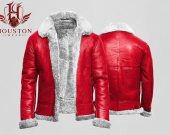 Mens Premium Christmas Red RAF Aviator A2 Flight Bomber Genuine Leather Winter Jacket, Classic Holiday Vintage Military Everyday Wear