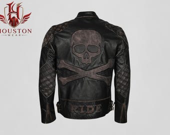 Mens Classic Vintage Skull and Bones Distressed Black Real Leather Motorcycle Rider Jacket, Edgy Dark Aesthetic Punk Streetwear