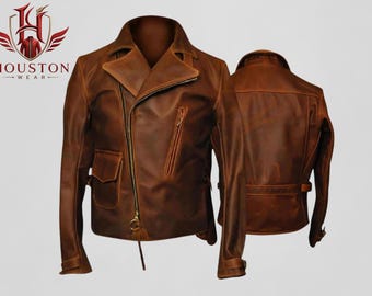 Captain America The First Avenger Steve Rogers Distressed Brown Real Leather Biker Jacket, Premium WWII Superhero Vintage Cosplay Costume