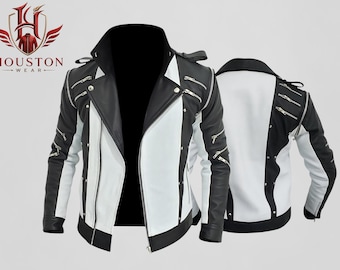 Michael Jackson Pepsi New Generation Commercial Black And White Punk Leather Jacket, King Of Pop 80s Music Cosplay Costume Outerwear