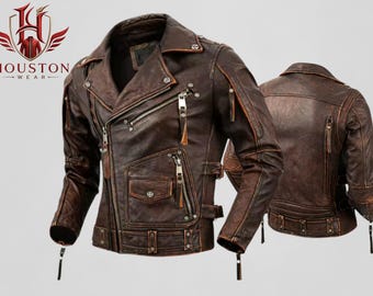 Premium Mens Classic Vintage Brown Genuine Leather Cafe Racer Biker Jacket, Everyday Casual Streetwear Capsule Wardrobe
