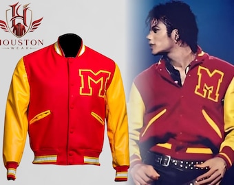 Michael Jackson Thriller Music Video Movie Intro Red Wool Varsity Bomber Leather Jacket, King Of Pop 80s Cosplay Costume Outerwear