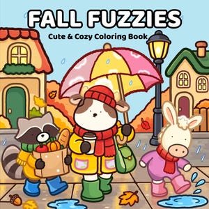 May include: A colouring book cover titled FALL FUZZIES Cute & Cozy Colouring Book featuring a cartoon raccoon, a cow, and a donkey walking on a pavement in the rain. The characters wear colourful rain gear and carry items like a paper bag and umbrella.
