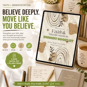 Pode incluir: Um tablet digital exibe um Faith & Manifestation Insight Booklet com arte de linhas abstratas e formas orgânicas. A tela apresenta o texto Believe deeply. Pray boldly. Watch God move. Um caderno espiral, uma caneta e uma caneca estão próximos.