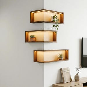 May include: Three rectangular wooden corner shelves mounted on a white wall. Each shelf features integrated warm LED lighting along the inner back edge. The shelves hold small potted plants, including a trailing vine and two small succulents.