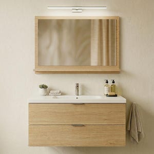 May include: A wall-mounted bathroom vanity featuring a light oak wood finish with two drawers, a white rectangular sink, and a chrome faucet. Above the vanity is a matching rectangular mirror with a shelf and a slim horizontal LED light fixture.