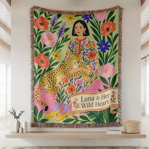 Personalized Boho Throw Blanket, Custom Name Wild Woman Leopard Floral Tapestry, Woven Wall Art Gift for Her, Birthday Mom Sister