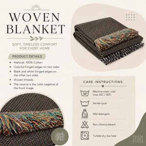 May include: Woven blanket with colorful fringed edges and black and white fringed edges. The blanket is made of 100% cotton and features woven threads. The text on the image says "WOVEN BLANKET" and "SOFT, TIMELESS COMFORT FOR EVERY HOME."