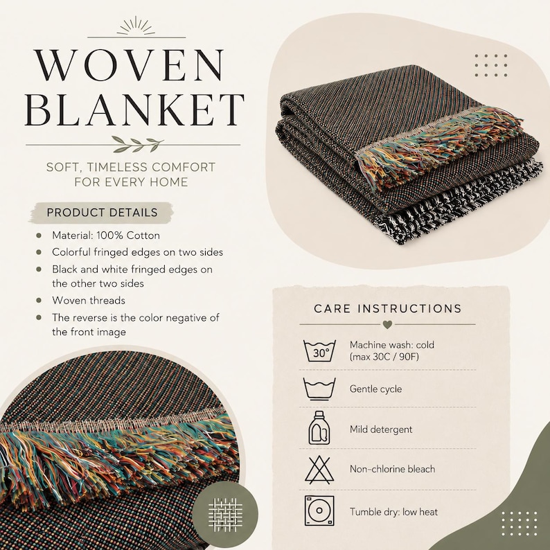 May include: Woven blanket with colorful fringed edges and black and white fringed edges. The blanket is made of 100% cotton and features woven threads. The text on the image says "WOVEN BLANKET" and "SOFT, TIMELESS COMFORT FOR EVERY HOME."