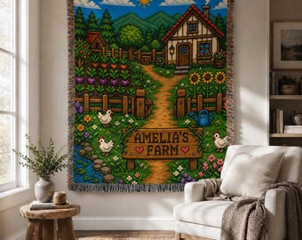 Personalized Stardew Valley Woven Blanket, Custom Name Farm Tapestry, Cozy Gamer Gift, Pixel Art Wall Hanging, Chicken Farm Decor