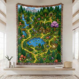 May include: A tapestry depicting a vibrant forest scene with a house, pond, and waterfall. The artwork features a detailed landscape with trees, flowers, and a winding path. The tapestry has a fringed edge and is displayed on a wall.